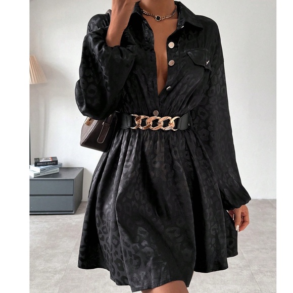 Luxe Black Leopard Print Satin Button Stretchy Waist Long Sleeve Dress - Picture 1 of 6